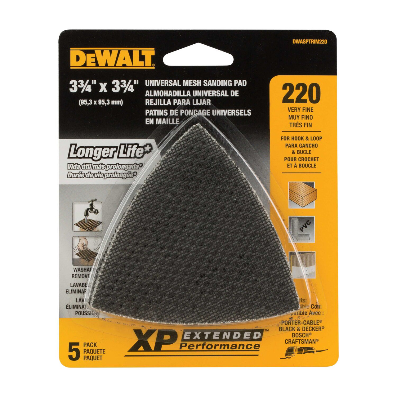 DeWalt DWASPTRIM220 XP 3-3/4 inch x 3-3/4 inch 220G Mesh Oscillating Triangle Universal Sanding Pads - 5pk showing blade in packaging