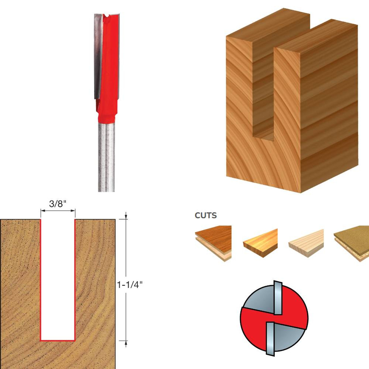 Freud 04-126 3/8 Inch x 2-11/16 Inch Double Flute Straight Router Bit - 1/4 Inch Shank