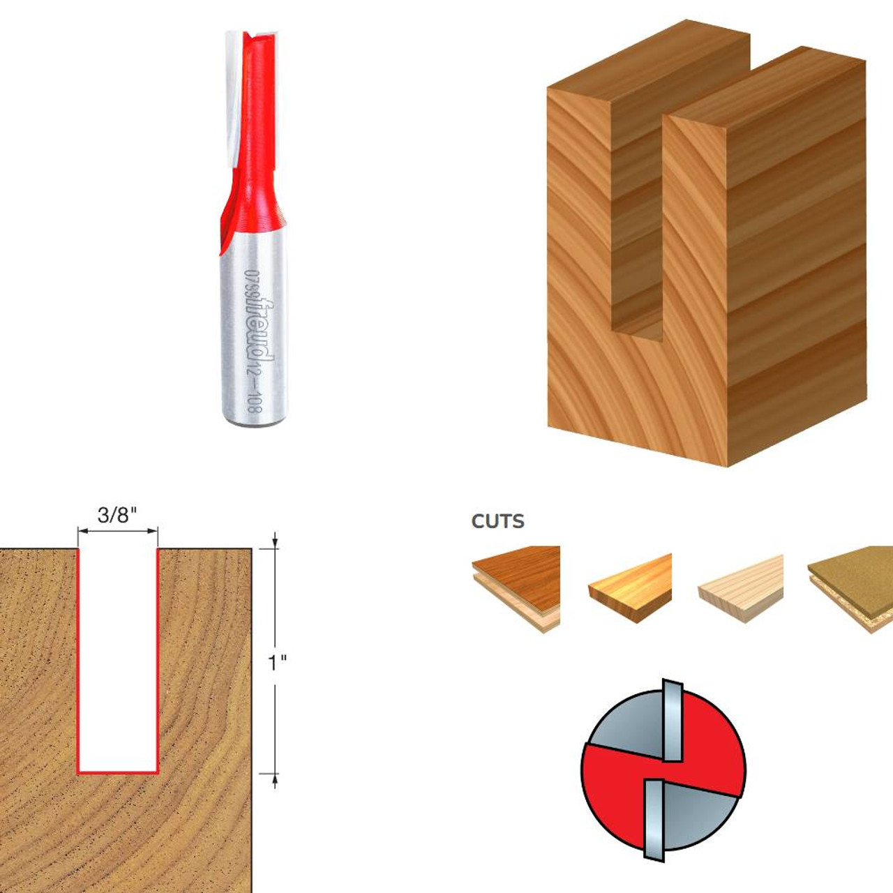 Freud 12-108 3/8 Inch x 2-5/8 Inch Eclipse Grind Double Flute Straight Router Bit - 1/2 Inch Shank Freud 12-108 3/8 Inch x 2-5/8 Inch Eclipse Grind Double Flute Straight Router Bit - 1/2 Inch Shank