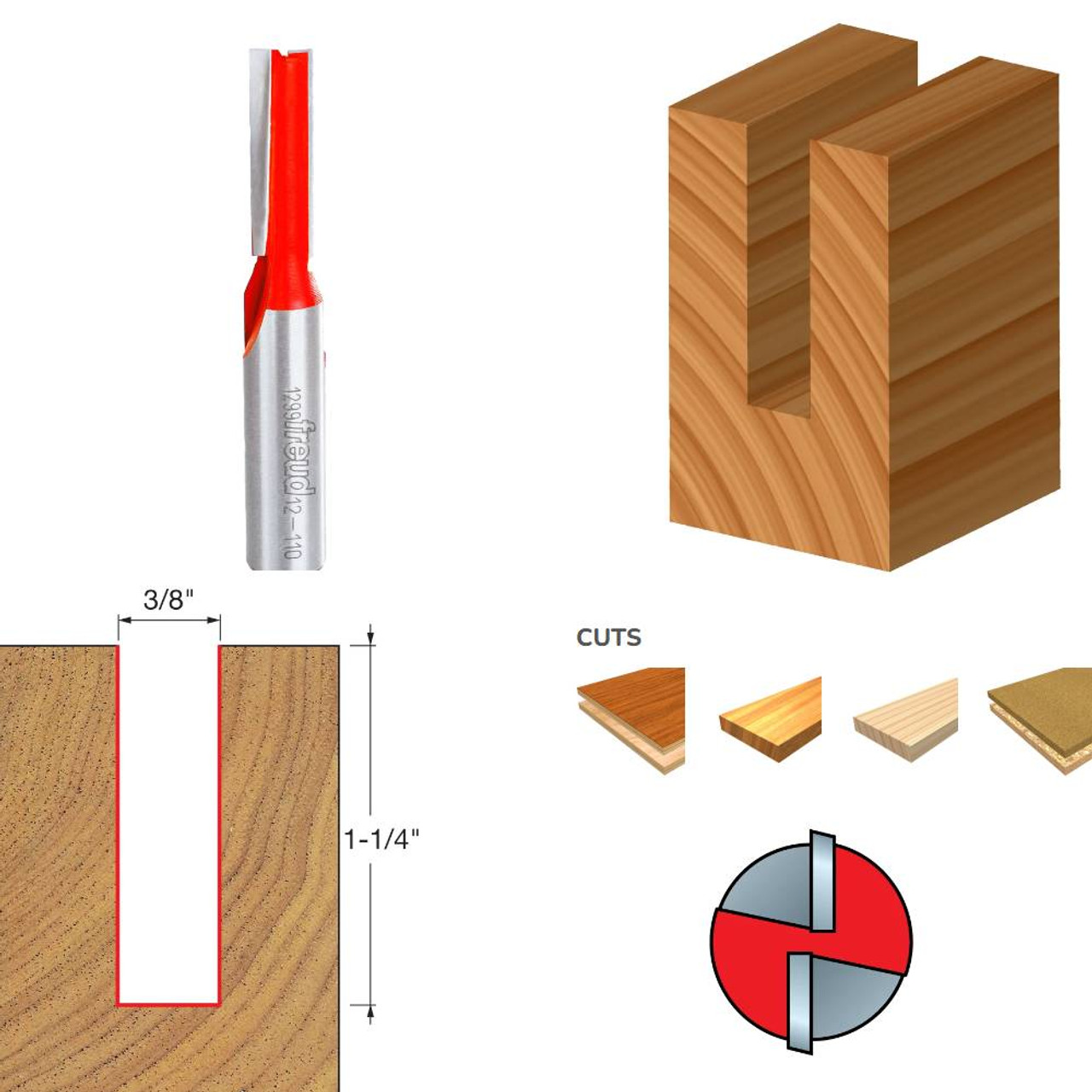 Freud 12-110 3/8 Inch x 2-7/8 Inch Eclipse Grind Double Flute Straight Router Bit - 1/2 Inch Shank Freud 12-110 3/8 Inch x 2-7/8 Inch Eclipse Grind Double Flute Straight Router Bit - 1/2 Inch Shank