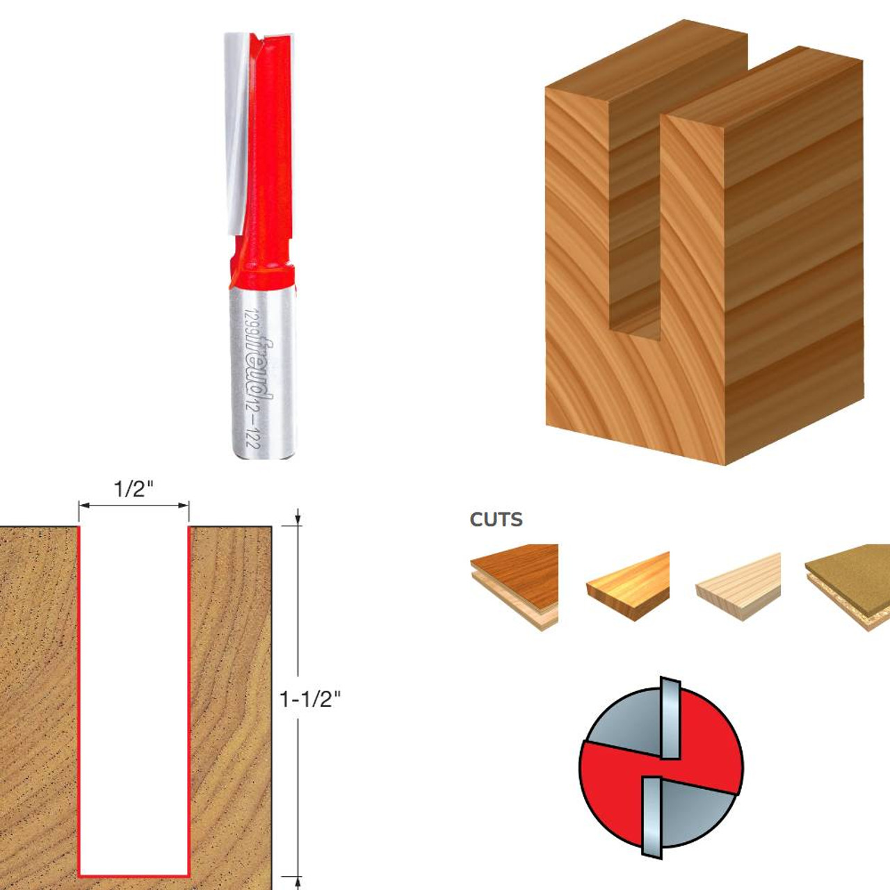 Freud 12-122 1/2 Inch x 3-1/8 Inch Eclipse Grind Double Flute Straight Router Bit - 1/2 Inch Shank Freud 12-122 1/2 Inch x 3-1/8 Inch Eclipse Grind Double Flute Straight Router Bit - 1/2 Inch Shank