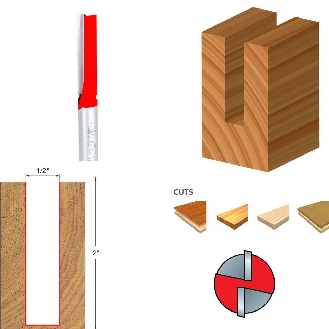Freud 12-128 1/2 Inch x 4-1/8 Inch Eclipse Grind Double Flute Straight Router Bit - 1/2 Inch Shank Freud 12-128 1/2 Inch x 4-1/8 Inch Eclipse Grind Double Flute Straight Router Bit - 1/2 Inch Shank