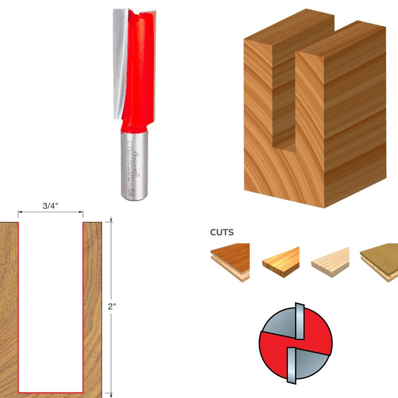 Freud 12-158 3/4 Inch x 3-1/2 Inch Eclipse Grind Double Flute Straight Router Bit - 1/2 Inch Shank Freud 12-158 3/4 Inch x 3-1/2 Inch Eclipse Grind Double Flute Straight Router Bit - 1/2 Inch Shank