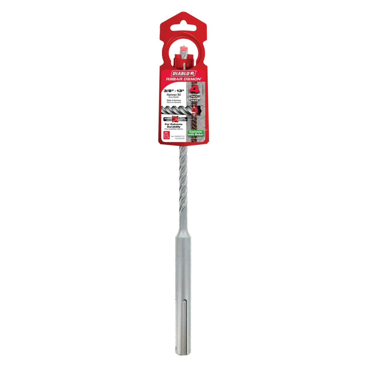 Diablo DMAMX1010 REBAR DEMON 3/8 inch x 8 inch x 13 inch SDS-Max 4-Cutter Full Carbide Head Hammer Drill Bit showing in packaging Diablo DMAMX1010 REBAR DEMON 3/8 inch x 8 inch x 13 inch SDS-Max 4-Cutter Full Carbide Head Hammer Drill Bit showing in packaging