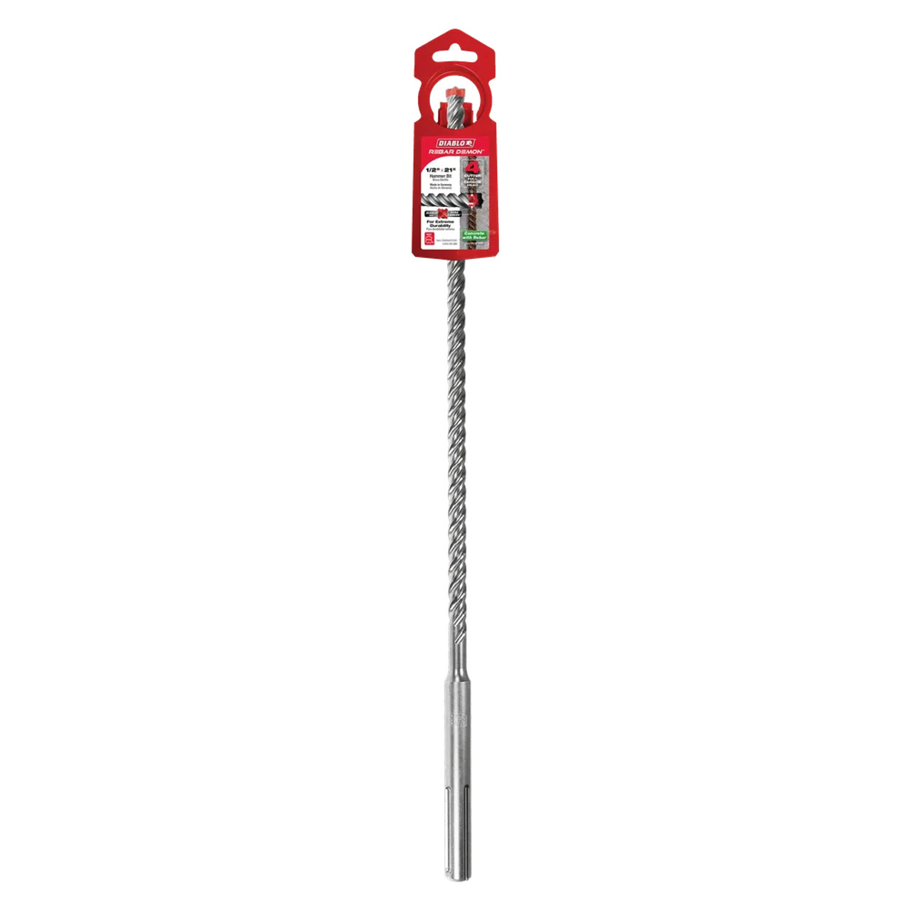 Diablo DMAMX1030 REBAR DEMON 1/2 inch x 16 inch x 21 inch SDS-Max 4-Cutter Full Carbide Head Hammer Drill Bit showing in packaging Diablo DMAMX1030 REBAR DEMON 1/2 inch x 16 inch x 21 inch SDS-Max 4-Cutter Full Carbide Head Hammer Drill Bit showing in packaging