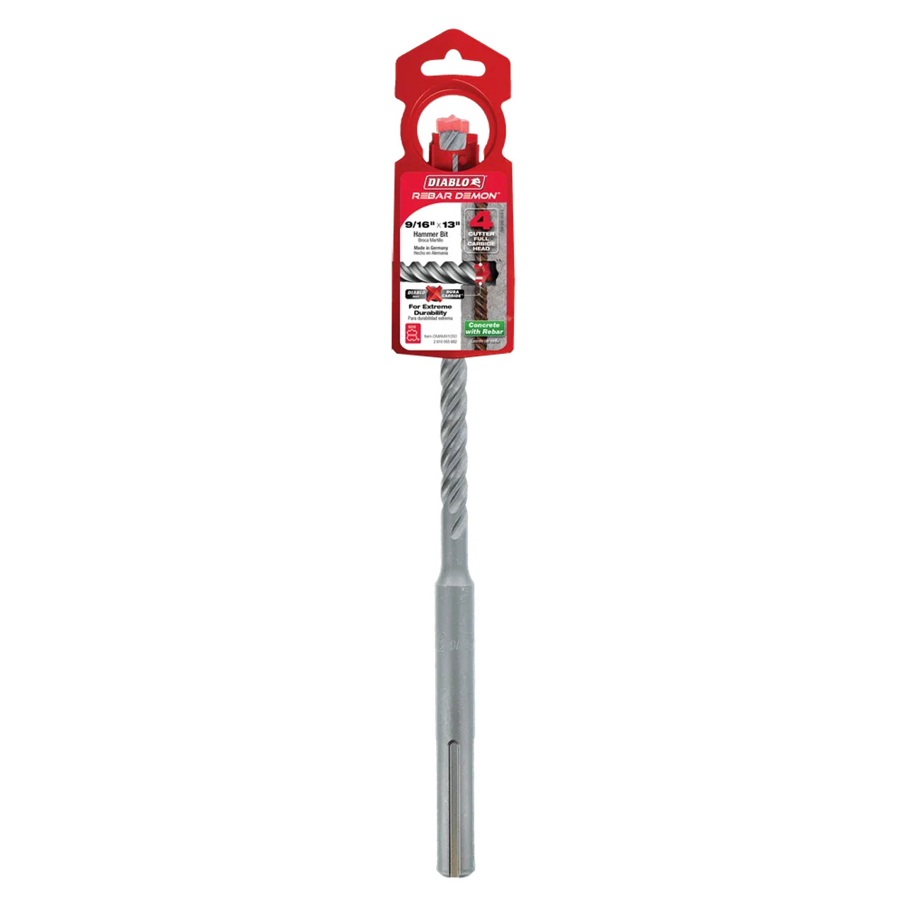 Diablo DMAMX1050 REBAR DEMON 9/16 inch x 8 inch x 13 inch SDS-Max 4-Cutter Full Carbide Head Hammer Drill Bit showing in packaging Diablo DMAMX1050 REBAR DEMON 9/16 inch x 8 inch x 13 inch SDS-Max 4-Cutter Full Carbide Head Hammer Drill Bit showing in packaging