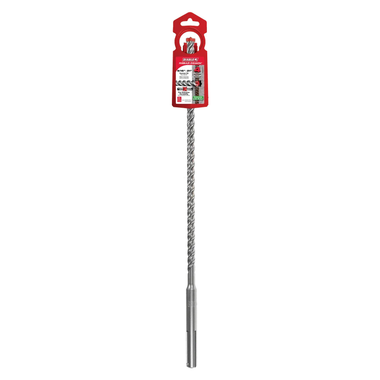 Diablo DMAMX1060 REBAR DEMON 9/16 inch x 16 inch x 21 inch SDS-Max 4-Cutter Full Carbide Head Hammer Drill Bit showing in packaging Diablo DMAMX1060 REBAR DEMON 9/16 inch x 16 inch x 21 inch SDS-Max 4-Cutter Full Carbide Head Hammer Drill Bit showing in packaging