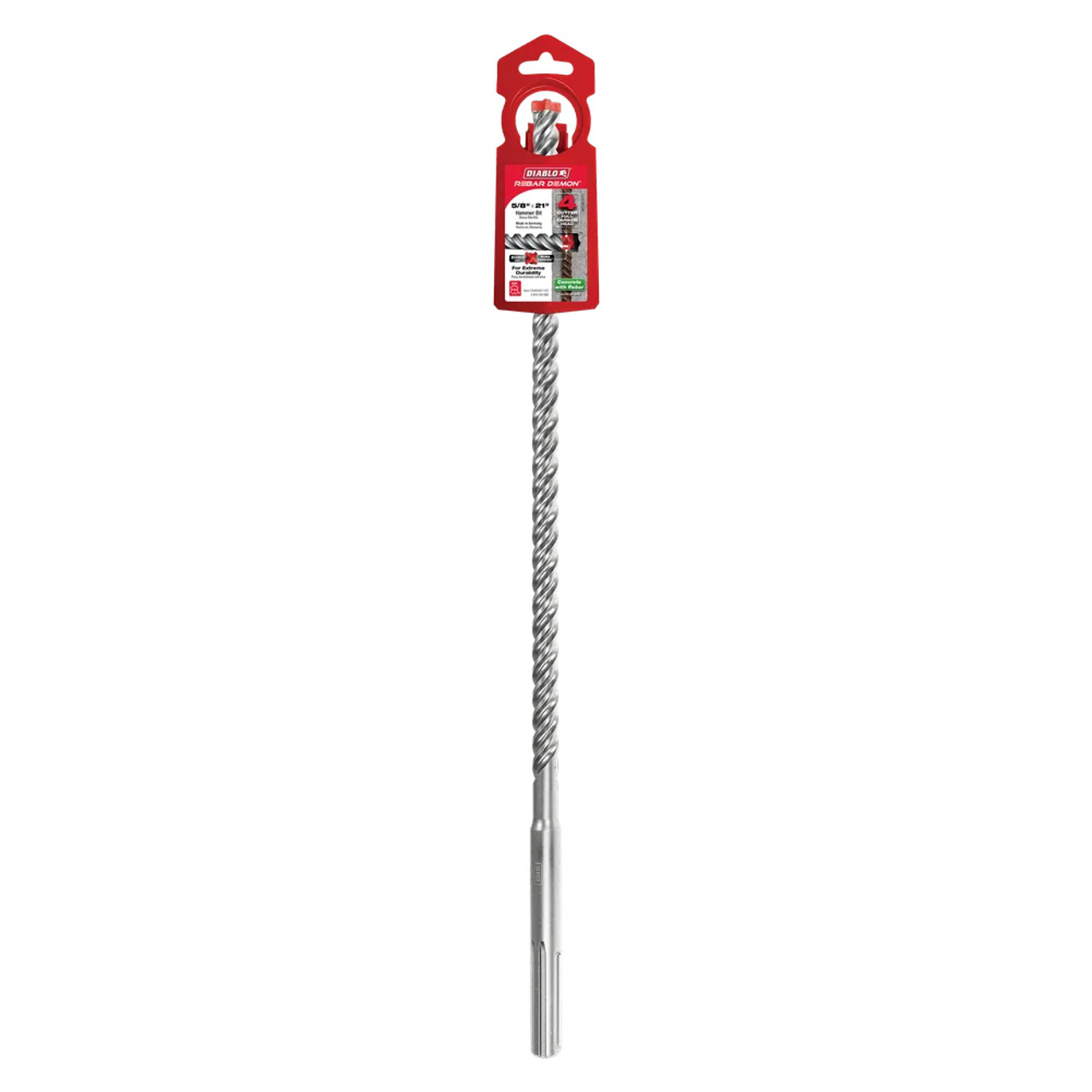 Diablo DMAMX1100 REBAR DEMON 5/8 inch x 16 inch x 21 inch SDS-Max 4-Cutter Full Carbide Head Hammer Drill Bit showing in packaging Diablo DMAMX1100 REBAR DEMON 5/8 inch x 16 inch x 21 inch SDS-Max 4-Cutter Full Carbide Head Hammer Drill Bit showing in packaging