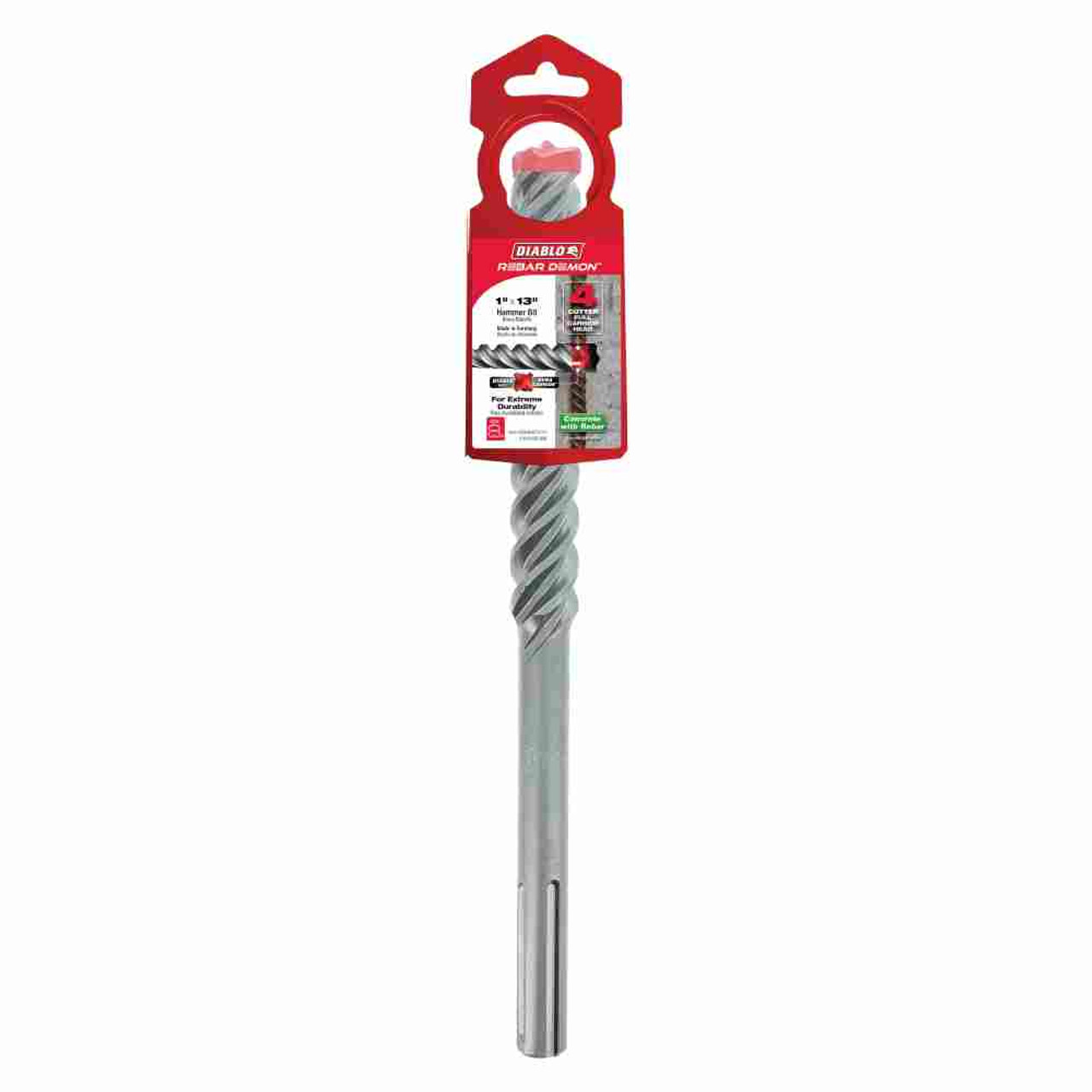 Diablo DMAMX1210 REBAR DEMON 1 inch x 8 inch x 13 inch SDS-Max 4-Cutter Full Carbide Head Hammer Drill Bit showing in packaging Diablo DMAMX1210 REBAR DEMON 1 inch x 8 inch x 13 inch SDS-Max 4-Cutter Full Carbide Head Hammer Drill Bit showing in packaging