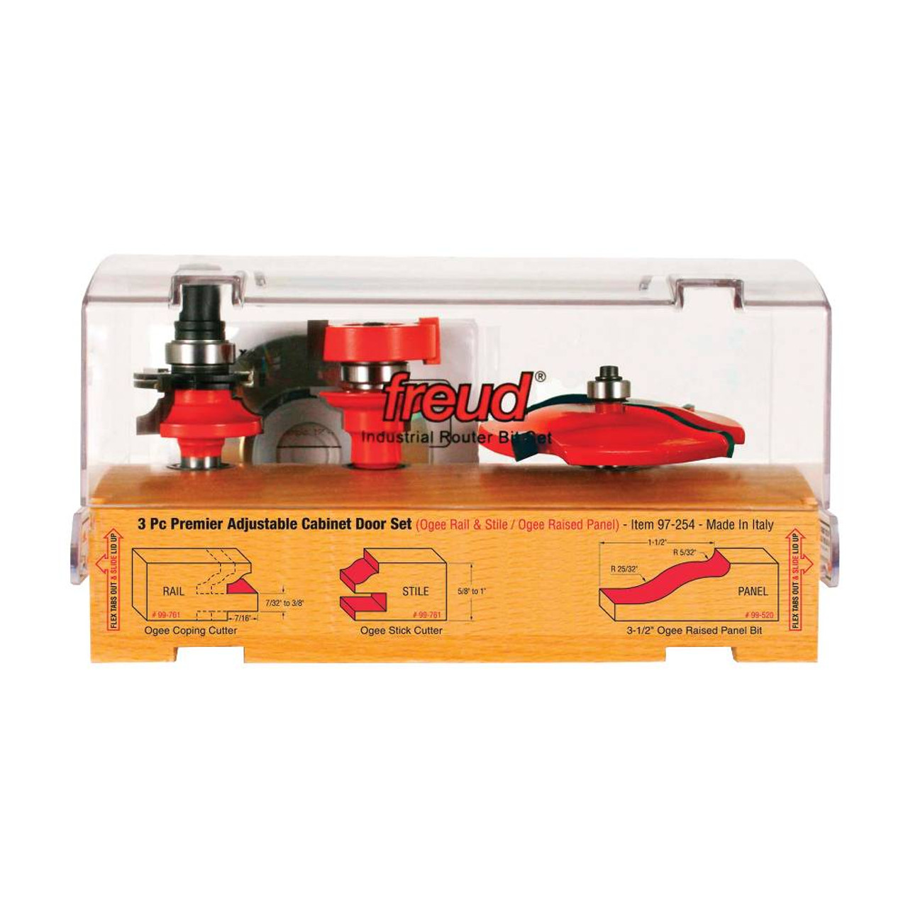 Freud 97-254 3pc Premier Adjustable Cabinet Router Bit Set (Ogee Profile) - 1/2 Inch Shank