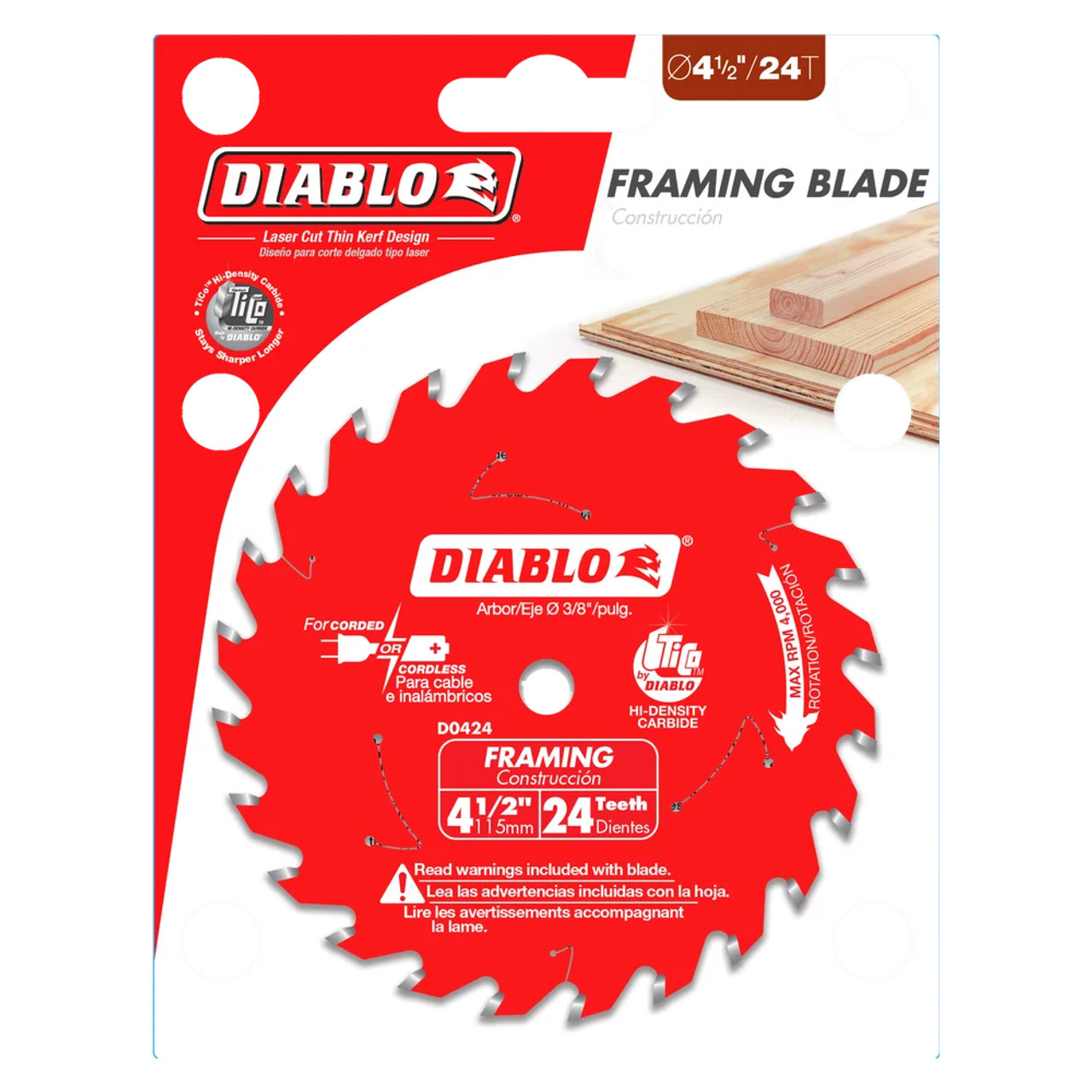 Diablo D0424X 4-1/2 inch x 24T x 3/8 inch Framing Trim Saw Blade showing in packaging Diablo D0424X 4-1/2 inch x 24T x 3/8 inch Framing Trim Saw Blade showing in packaging