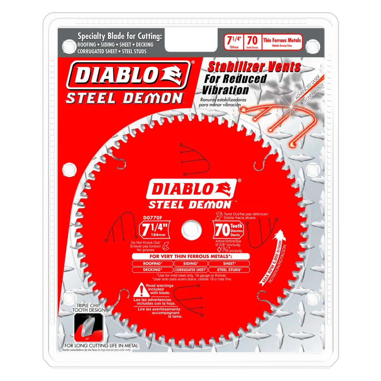 Diablo D0770F Steel Demon 7-1/4 inch x 70T Carbide-Tipped Metal Cutting Saw Blade showing in packaging Diablo D0770F Steel Demon 7-1/4 inch x 70T Carbide-Tipped Metal Cutting Saw Blade showing in packaging