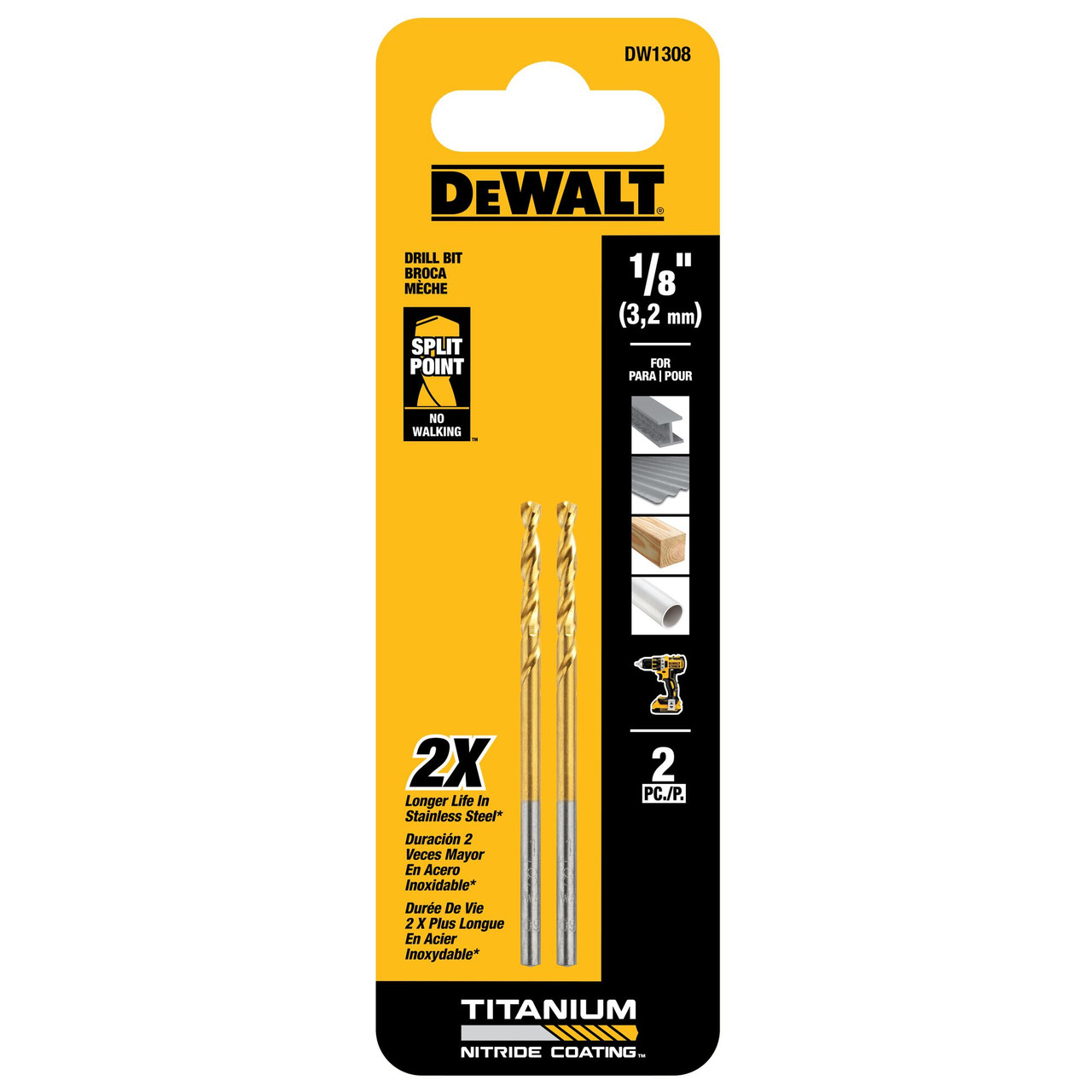 DeWalt DW1308 1/8 Inch Titanium Nitride Coated Drill Bit - 2pk DeWalt DW1308 1/8 Inch Titanium Nitride Coated Drill Bit - 2pk
