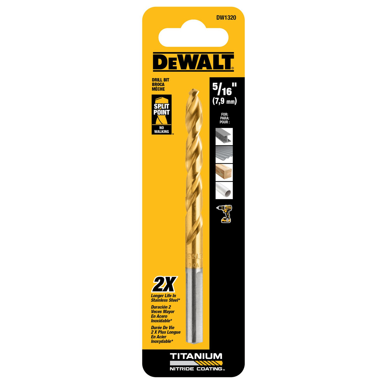 DeWalt DW1320 5/16 inch Titanium Nitride Coated Drill Bit showing blade in packaging DeWalt DW1320 5/16 inch Titanium Nitride Coated Drill Bit showing blade in packaging