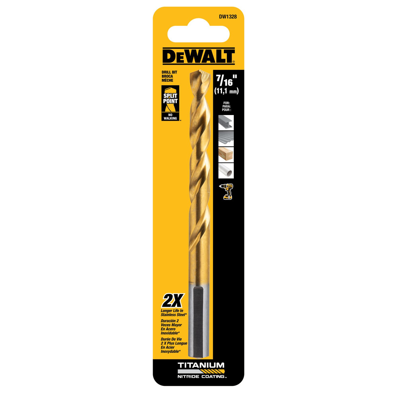 DeWalt DW1328 7/16 inch Titanium Nitride Coated Drill Bit showing blade in packaging DeWalt DW1328 7/16 inch Titanium Nitride Coated Drill Bit showing blade in packaging