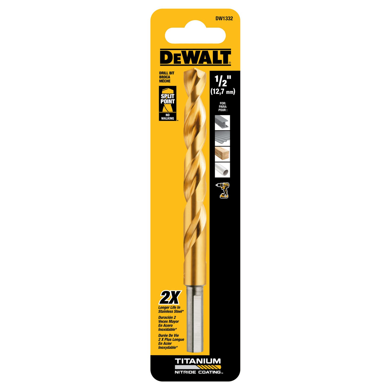 DeWalt DW1332 1/2 inch Titanium Nitride Coated Drill Bit showing blade in packaging DeWalt DW1332 1/2 inch Titanium Nitride Coated Drill Bit showing blade in packaging