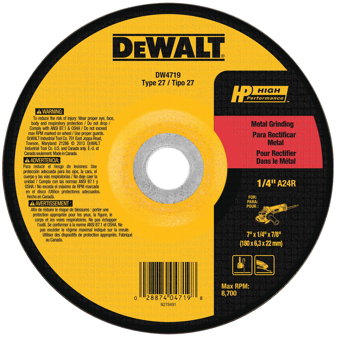 DeWalt DW4719 7 inch x 1/4 inch x 7/8 inch Type 27 HP Metal Grinding Wheel DeWalt DW4719 7 inch x 1/4 inch x 7/8 inch Type 27 HP Metal Grinding Wheel