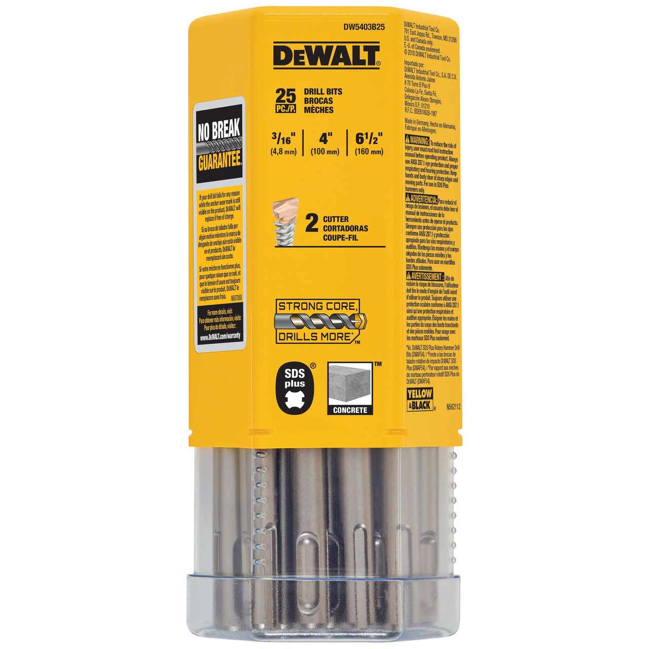 DeWalt DW5403B25 3/16 inch x 4-1/2 inch x 6-1/2 inch SDS Plus Masonry Hammer Drill Bits - 25pk