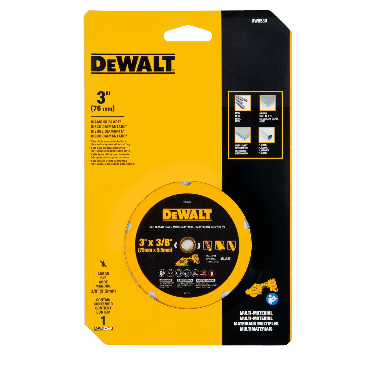 DeWalt DW8530 3 inch x 3/8 inch Multi-Material Diamond Blade showing in packaging