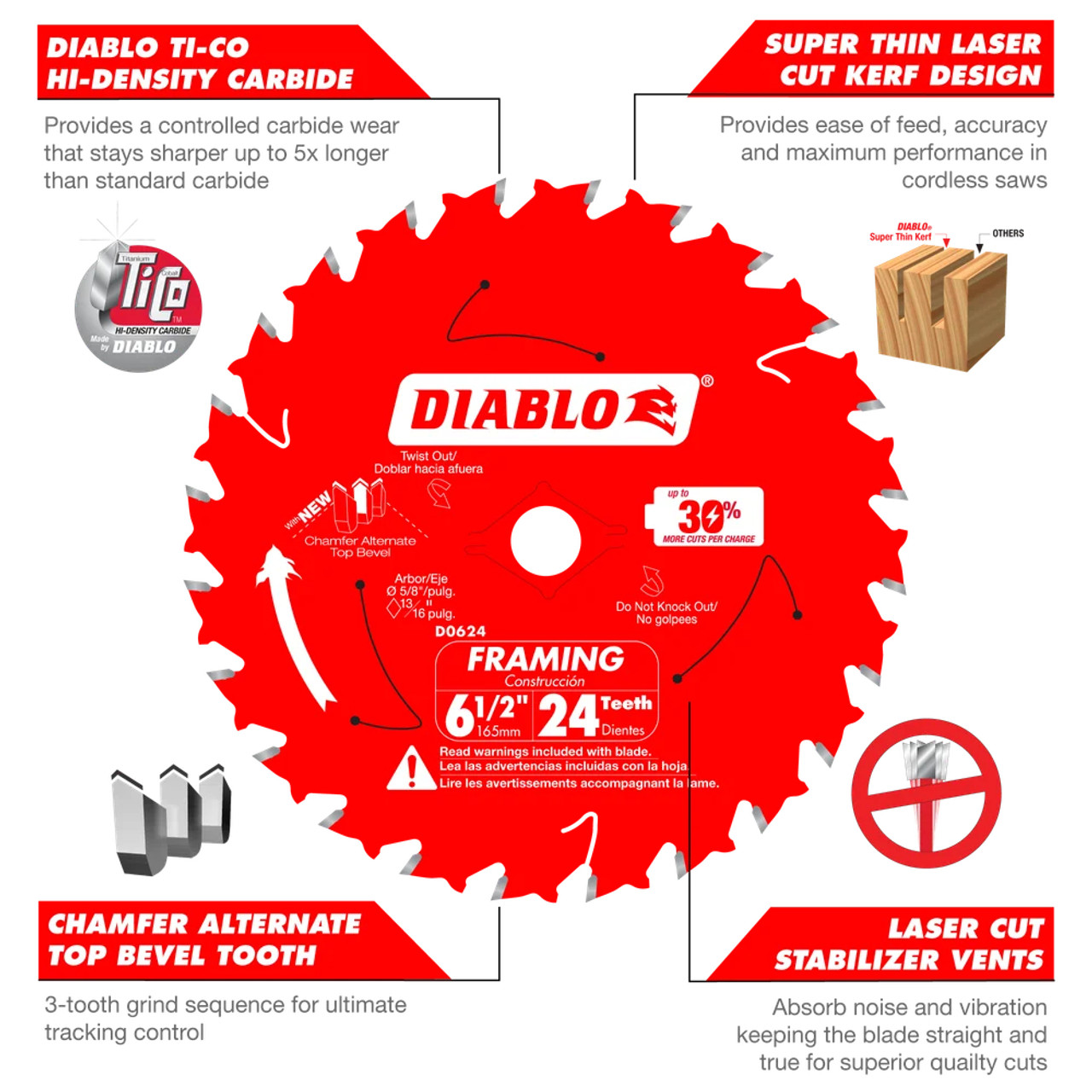 Diablo D0624A 6-1/2 inch x 24T Wood Cutting Framing Saw Blade Diablo D0624A 6-1/2 inch x 24T Wood Cutting Framing Saw Blade
