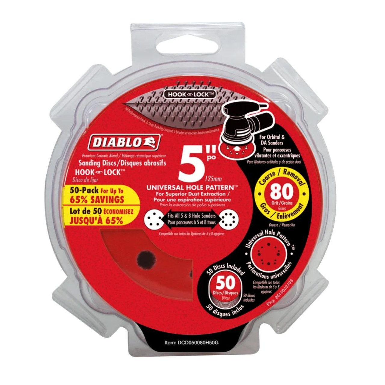 Diablo DCD050080H50G 5 inch 80 Grit Hook  and Lock Random Orbital Sandpaper (ROS) Sanding Discs - 50pk Diablo DCD050080H50G 5 inch 80 Grit Hook  and Lock Random Orbital Sandpaper (ROS) Sanding Discs - 50pk