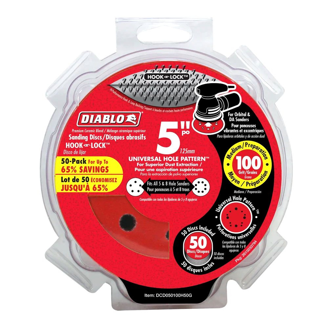 Diablo DCD050100H50G 5 inch 100 Grit Hook  and Lock Random Orbital Sandpaper (ROS) Sanding Discs - 50pk Diablo DCD050100H50G 5 inch 100 Grit Hook  and Lock Random Orbital Sandpaper (ROS) Sanding Discs - 50pk