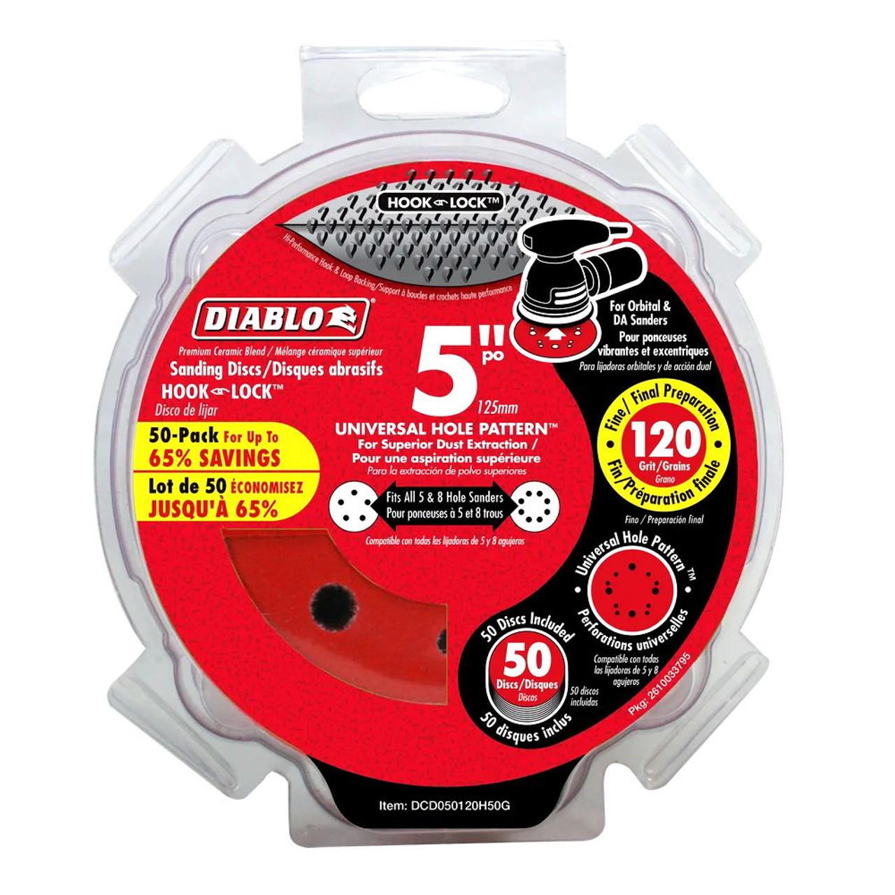 Diablo DCD050120H50G 5 inch 120 Grit Hook  and Lock Random Orbital Sandpaper (ROS) Sanding Discs - 50pk Diablo DCD050120H50G 5 inch 120 Grit Hook  and Lock Random Orbital Sandpaper (ROS) Sanding Discs - 50pk