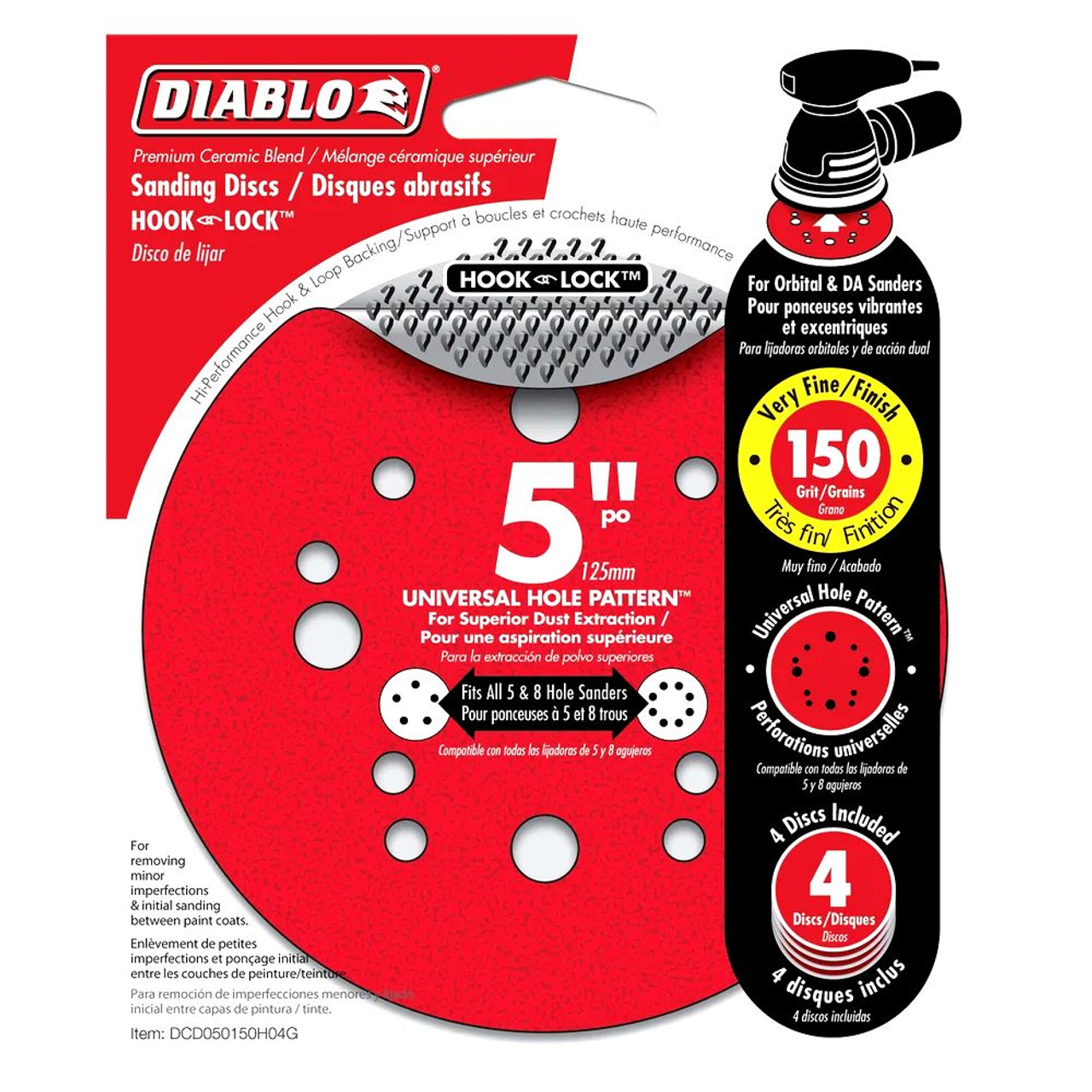 Diablo DCD050150H04G 5 inch 150 Grit Hook  and Lock Random Orbital Sandpaper (ROS) Sanding Discs - 4pk Diablo DCD050150H04G 5 inch 150 Grit Hook  and Lock Random Orbital Sandpaper (ROS) Sanding Discs - 4pk