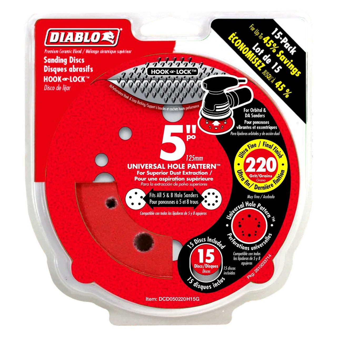 Diablo DCD050220H15G 5 inch 220 Grit Hook  and Lock Random Orbital Sandpaper (ROS) Sanding Discs - 15pk Diablo DCD050220H15G 5 inch 220 Grit Hook  and Lock Random Orbital Sandpaper (ROS) Sanding Discs - 15pk