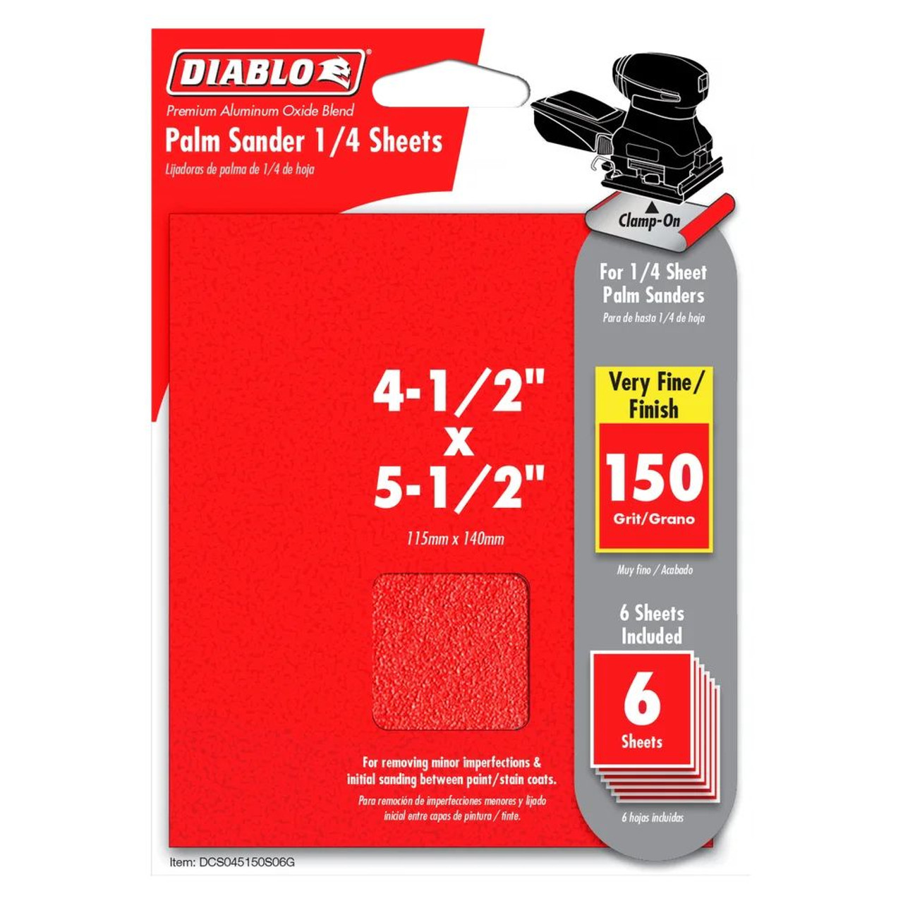 Diablo DCS045150S06G 4-1/2 inch x 5-1/2 inch 150 Grit Clamp-On Palm Sander 1/4 Sanding Sheets - 6pk Diablo DCS045150S06G 4-1/2 inch x 5-1/2 inch 150 Grit Clamp-On Palm Sander 1/4 Sanding Sheets - 6pk