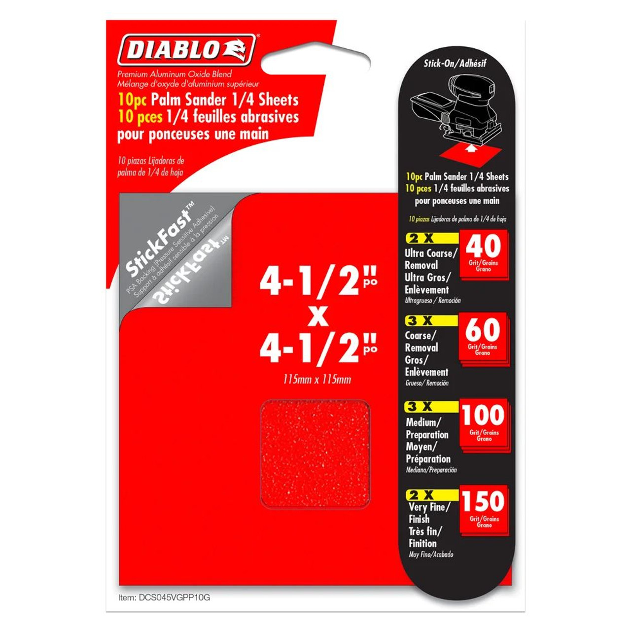 Diablo DCS045VGPP10G 10pc 4-1/2 inch x 4-1/2 inch StickFast PSA Palm Sander 1/4 Sanding Sheet Set Diablo DCS045VGPP10G 10pc 4-1/2 inch x 4-1/2 inch StickFast PSA Palm Sander 1/4 Sanding Sheet Set