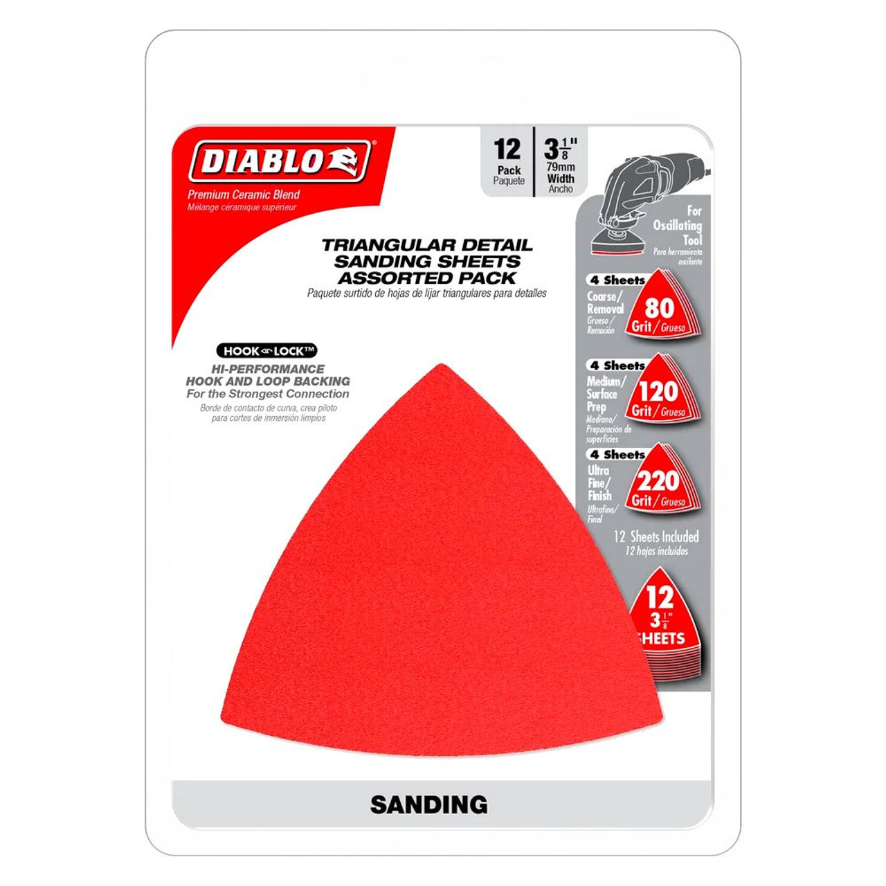 Diablo DCT318ASTH12G 12pc 3-1/8 inch Assorted Grit Hook  and Lock Oscillating Detail Triangle Sanding Sheet Set Diablo DCT318ASTH12G 12pc 3-1/8 inch Assorted Grit Hook  and Lock Oscillating Detail Triangle Sanding Sheet Set