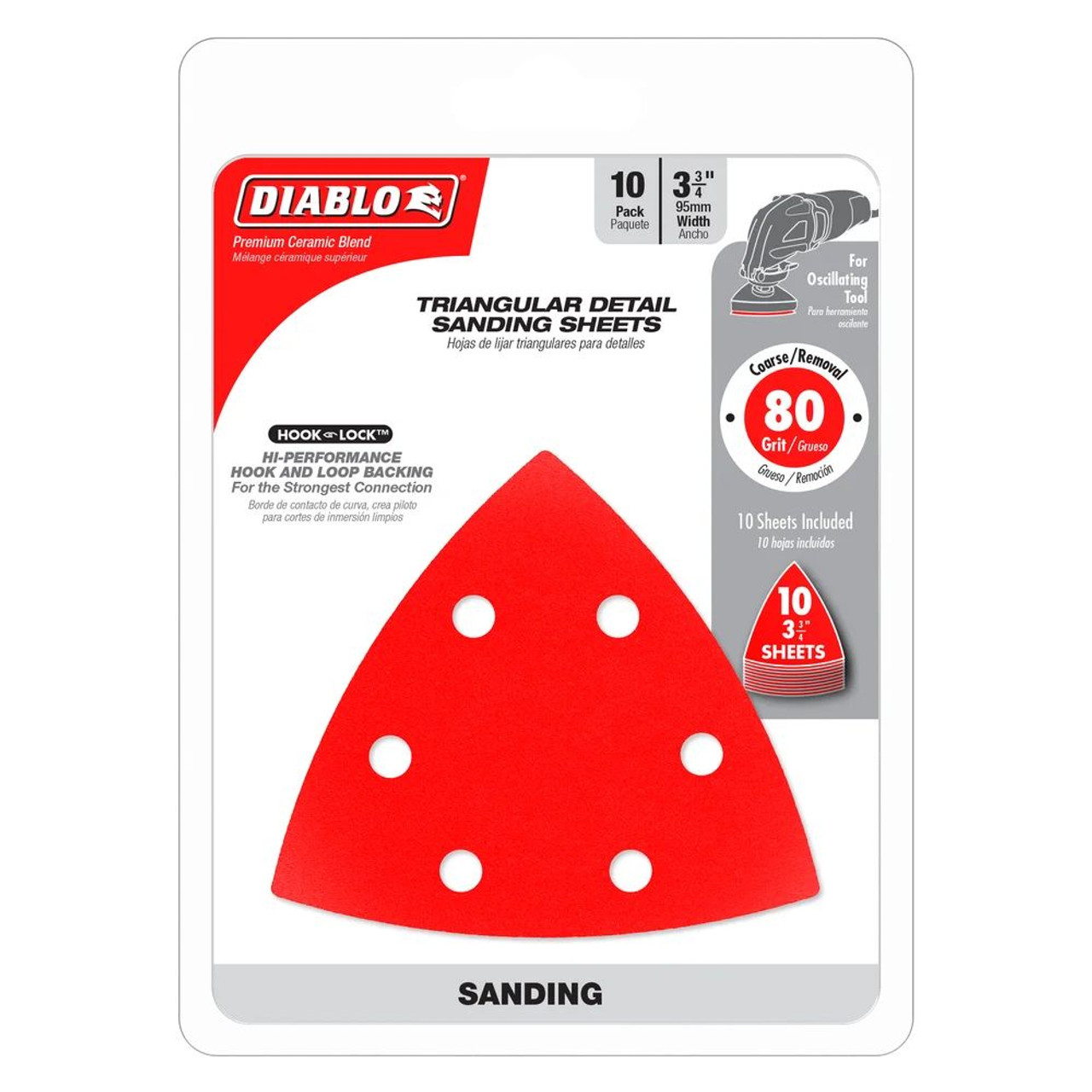 Diablo DCT334080H10G 3-3/4 inch 80 Grit Hook  and Lock Oscillating Detail Triangle Sanding Sheets - 10pk Diablo DCT334080H10G 3-3/4 inch 80 Grit Hook  and Lock Oscillating Detail Triangle Sanding Sheets - 10pk