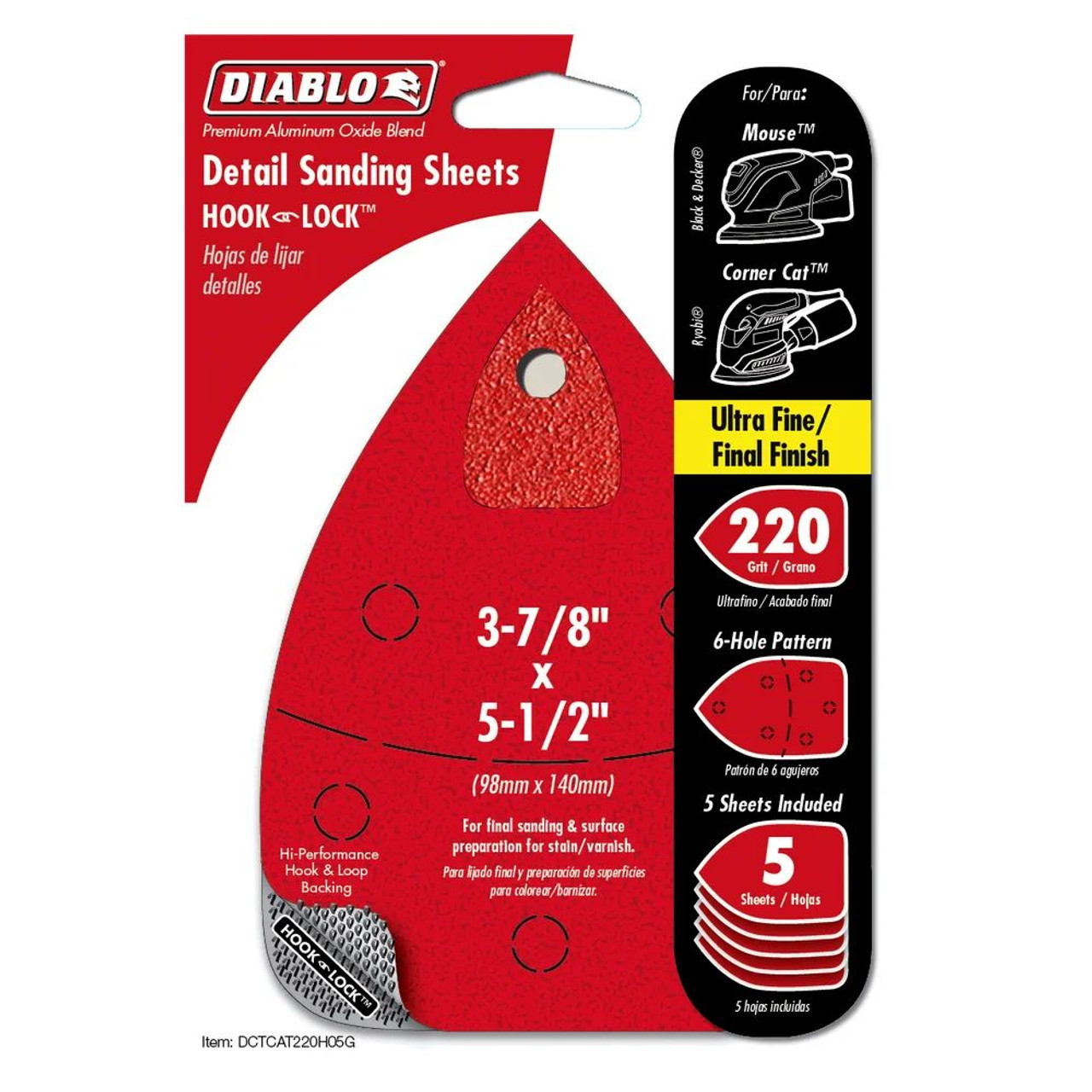 Diablo DCTCAT220H05G 3-7/8 inch x 5-1/2 inch 220 Grit CAT/Mouse Hook  and Lock Detail Sanding Sheets - 5pk Diablo DCTCAT220H05G 3-7/8 inch x 5-1/2 inch 220 Grit CAT/Mouse Hook  and Lock Detail Sanding Sheets - 5pk