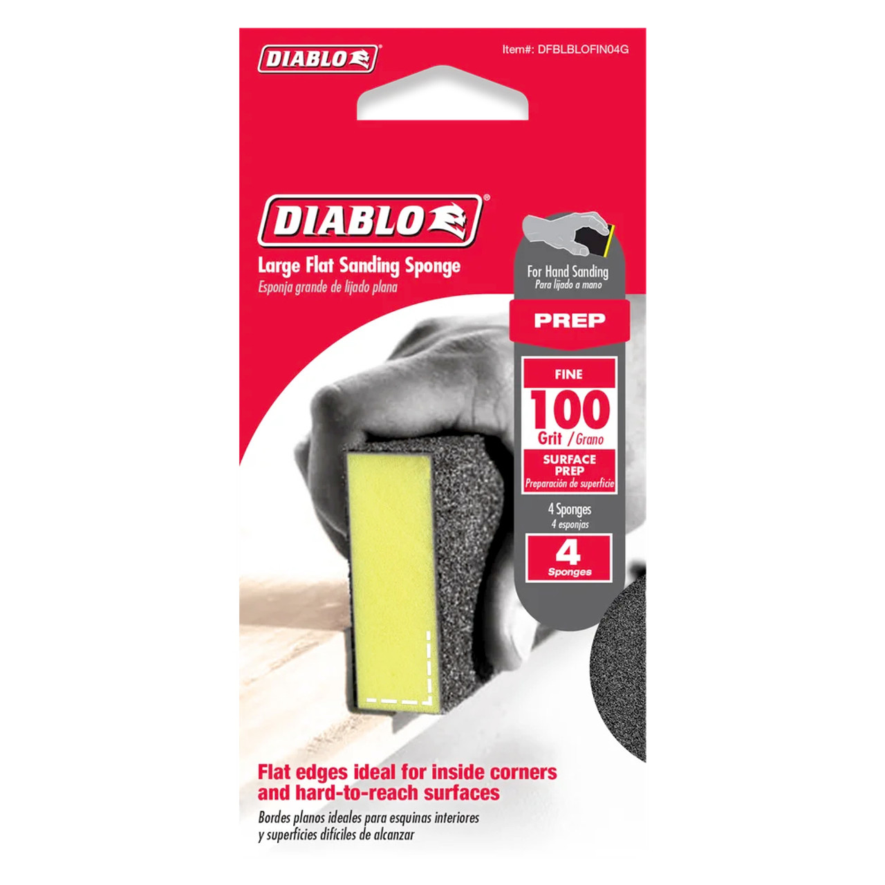 Diablo DFBLBLOFIN04G 5 inch x 3 inch x 1 inch 100-Grit Yellow Large Flat Sanding Sponges - 4pk Diablo DFBLBLOFIN04G 5 inch x 3 inch x 1 inch 100-Grit Yellow Large Flat Sanding Sponges - 4pk