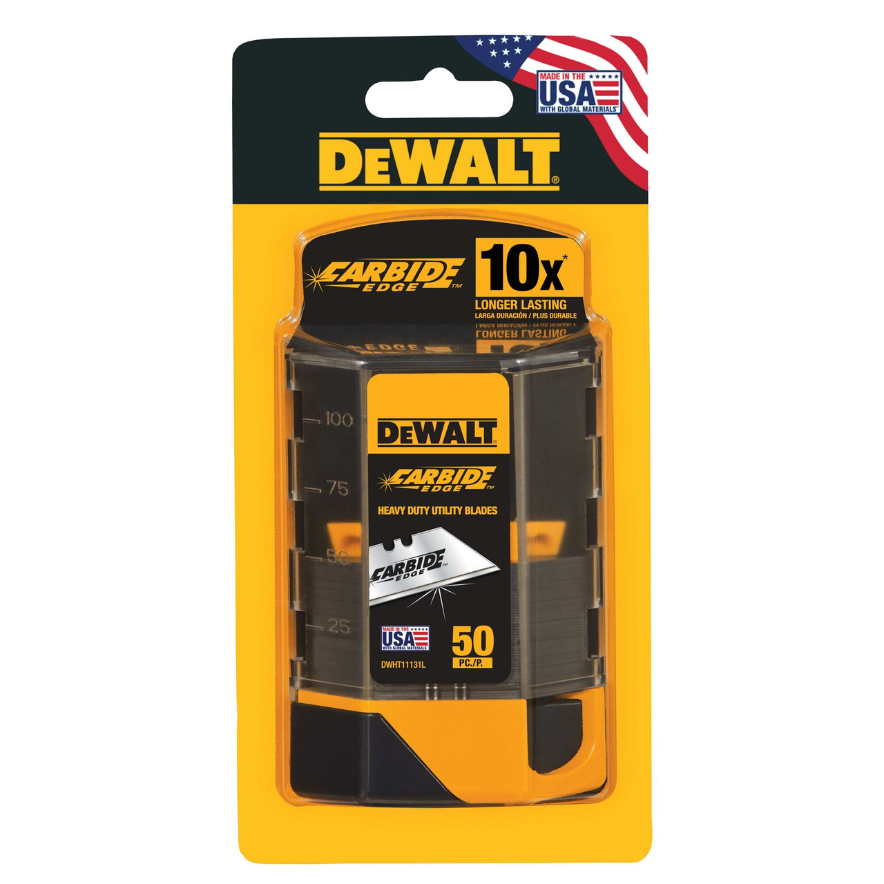DeWalt DWHT11131L Carbide Edge Heavy-Duty Utility Blades - 50pk showing in packaging