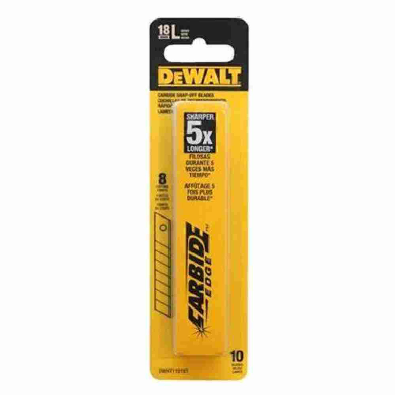 DeWalt DWHT11918T L-Series Carbide Edge 18mm Snap-Off Blades - 10pk showing in packaging