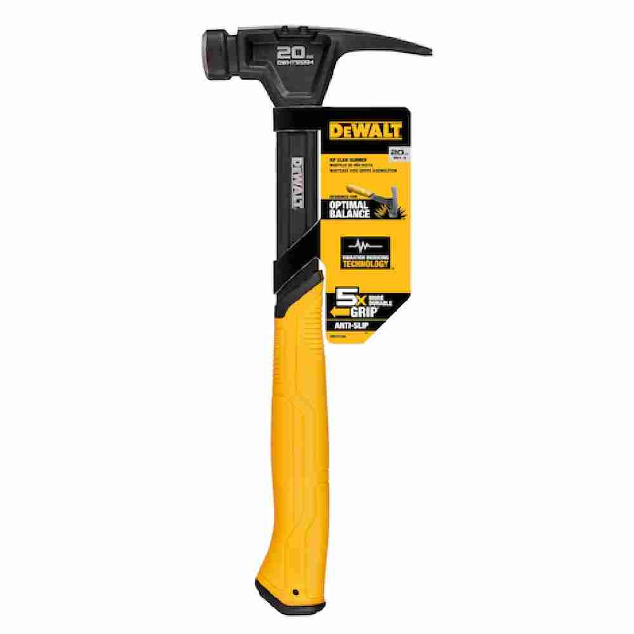 DeWalt DWHT51004 20oz Steel Rip Claw Nailing Hammer showing in packaging DeWalt DWHT51004 20oz Steel Rip Claw Nailing Hammer showing in packaging