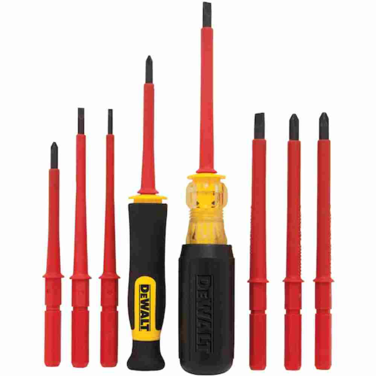 DeWalt DWHT66417 10pc Insulated Vinyl Grip VDE Screwdriver Set showing all pieces of the kit DeWalt DWHT66417 10pc Insulated Vinyl Grip VDE Screwdriver Set showing all pieces of the kit