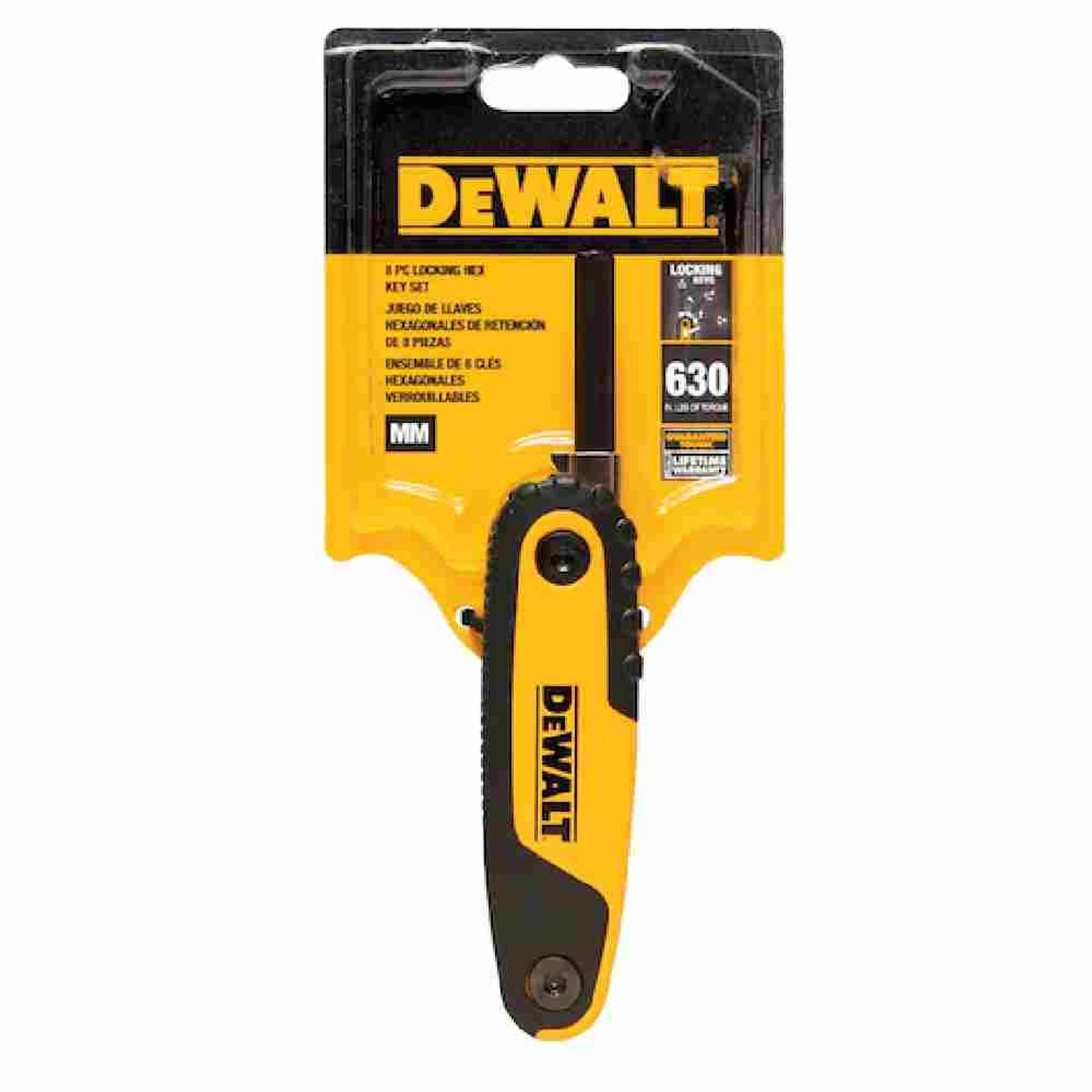 DeWalt DWHT70263M 8pc Metric Folding Locking Hex Key Set showing in packaging DeWalt DWHT70263M 8pc Metric Folding Locking Hex Key Set showing in packaging