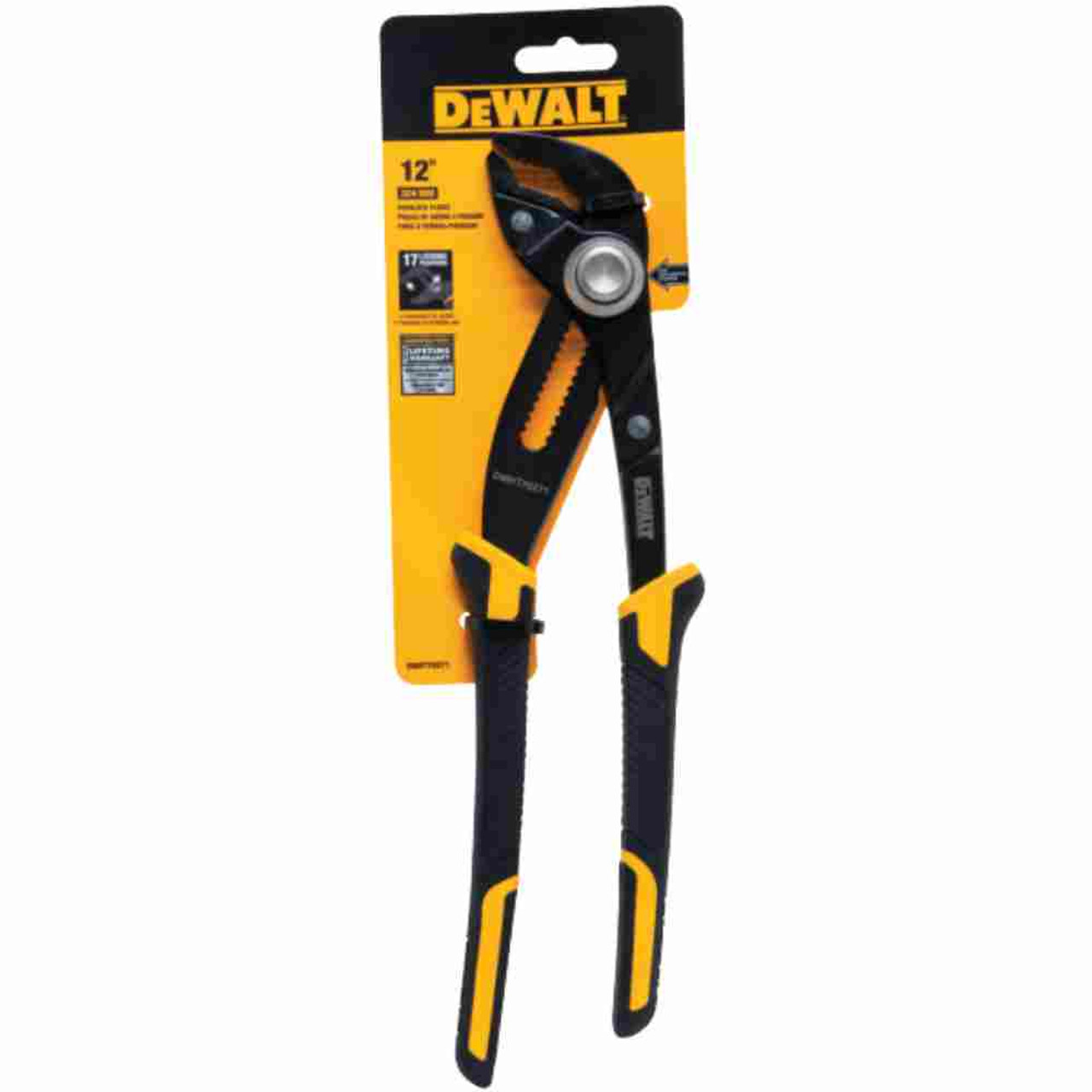 DeWalt DWHT70271 12 inch Pushlock V-Jaw Pliers showing in packaging DeWalt DWHT70271 12 inch Pushlock V-Jaw Pliers showing in packaging