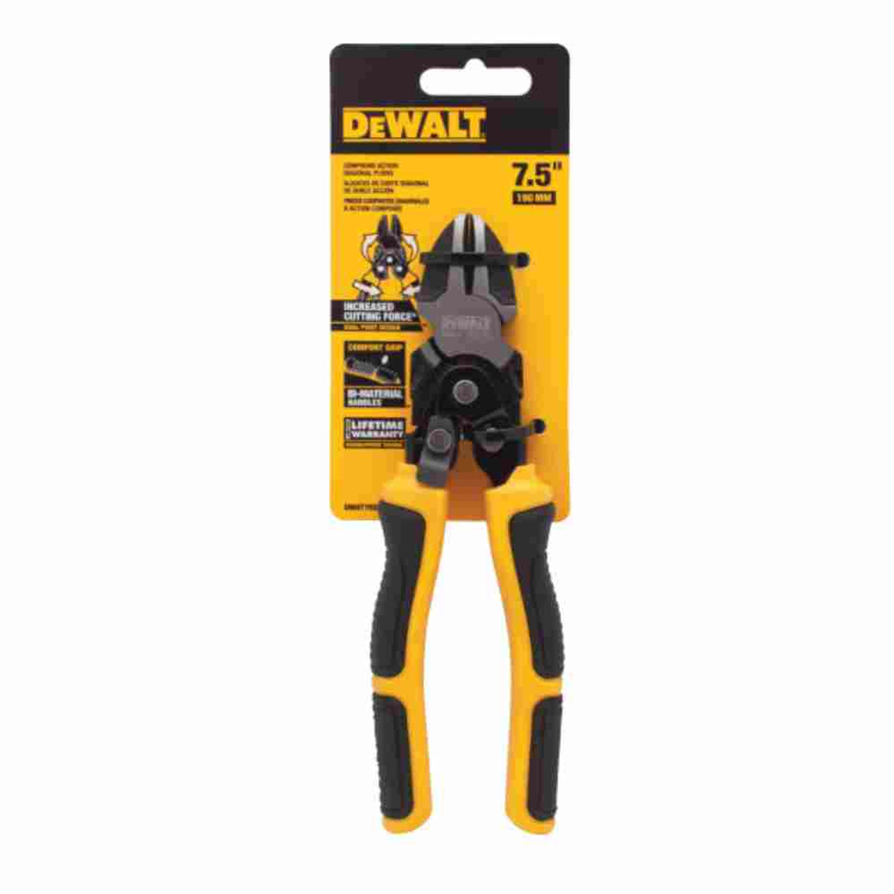DeWalt DWHT70275 7-1/2 inch Compound Action Diagonal Cutters - 1/4 inch Jaw Capacity showing in packaging DeWalt DWHT70275 7-1/2 inch Compound Action Diagonal Cutters - 1/4 inch Jaw Capacity showing in packaging
