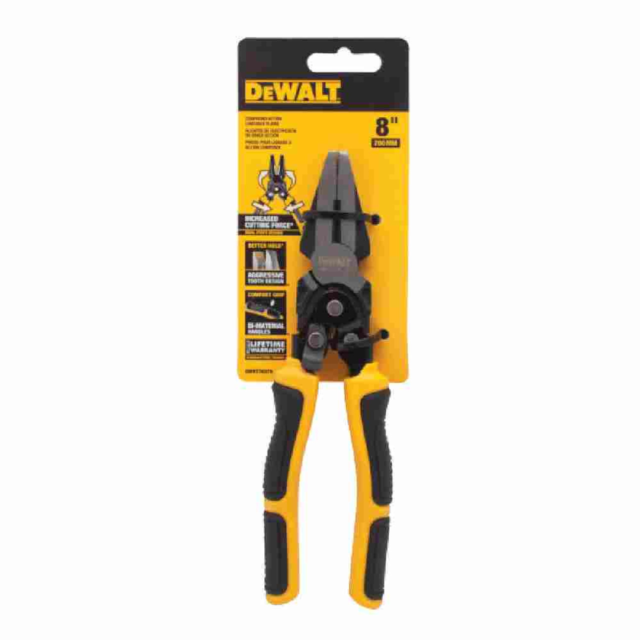DeWalt DWHT70276 8 inch Compound Action Linesman Pliers - 3/8 inch Jaw Capacity showing in packaging DeWalt DWHT70276 8 inch Compound Action Linesman Pliers - 3/8 inch Jaw Capacity showing in packaging