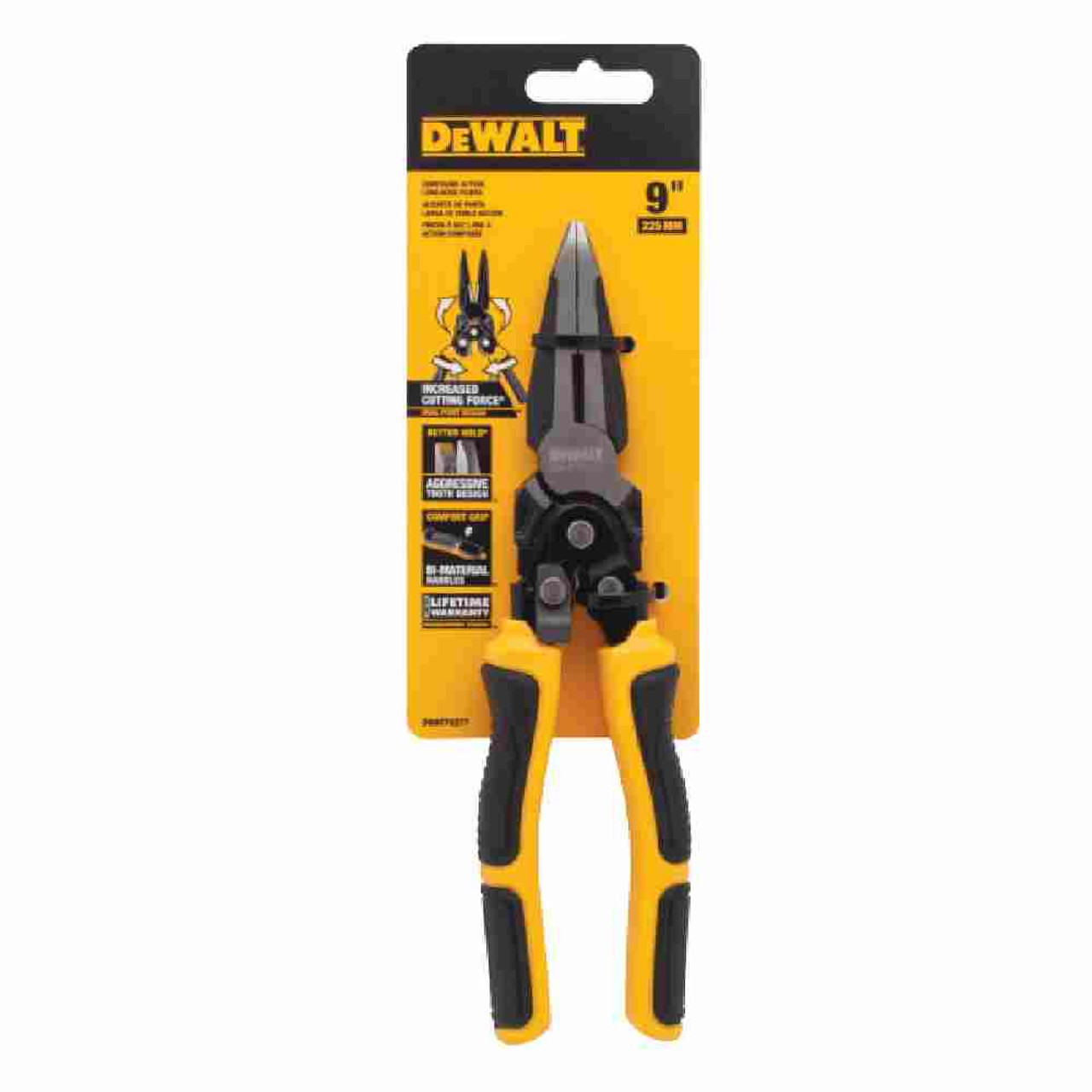 DeWalt DWHT70277 9 inch Compound Action Long Nose Pliers - 3/4 inch Jaw Capacity showing in packaging