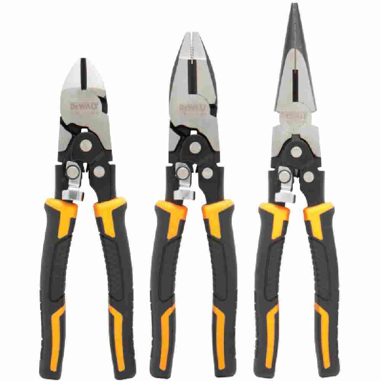 DeWalt DWHT70485 3pc Compound Action Pliers Set showing all pliers in the set DeWalt DWHT70485 3pc Compound Action Pliers Set showing all pliers in the set