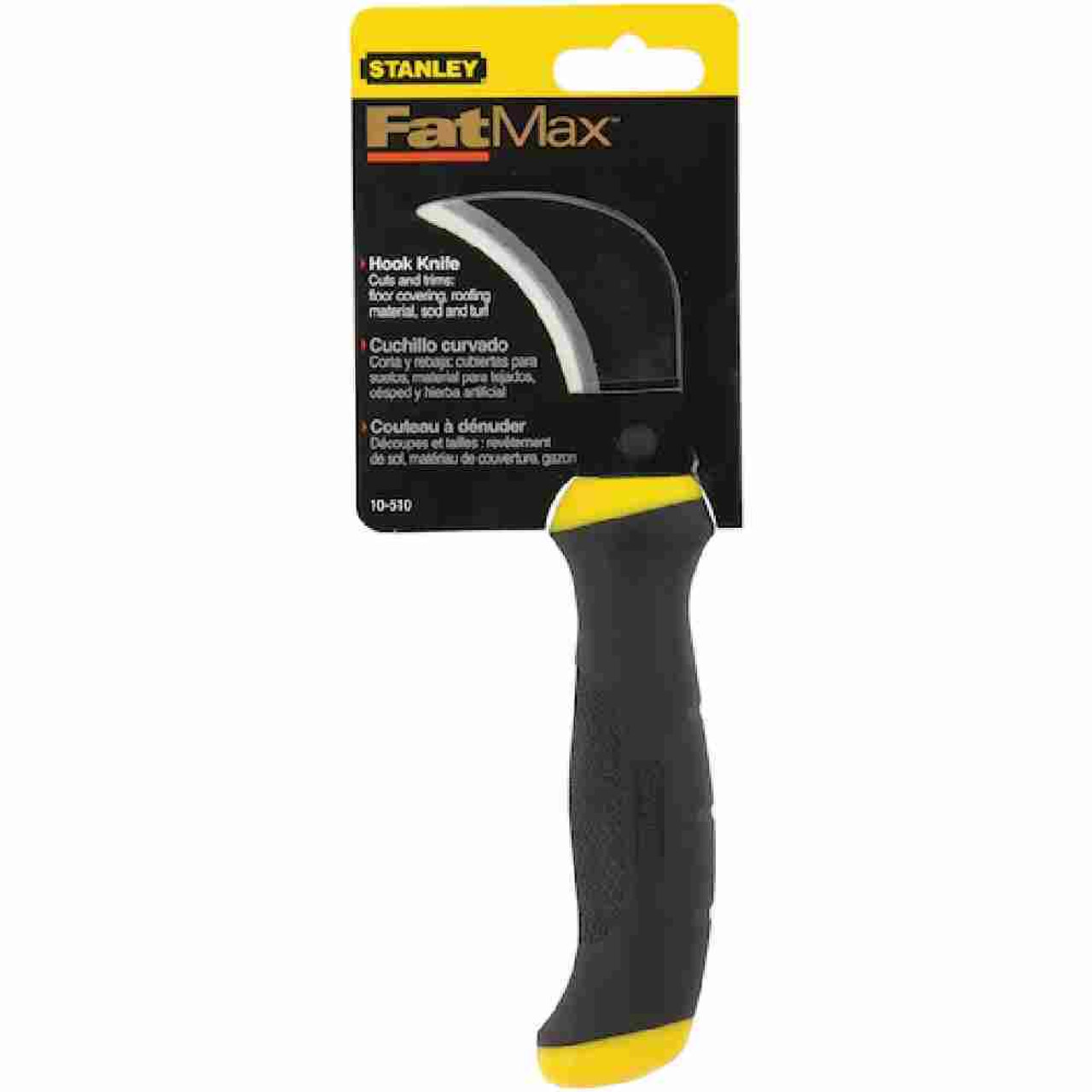 Stanley 10510 FATMAX Hook Knife showing in packaging Stanley 10510 FATMAX Hook Knife showing in packaging