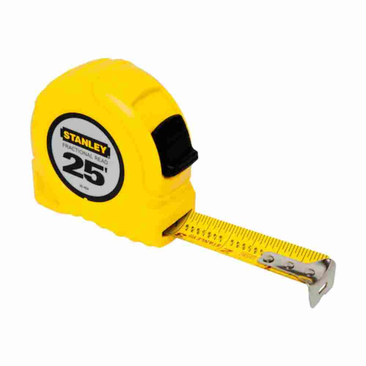 Stanley 30454 25 feet Fractional Read Tape Measure showing with first few inches pulled out showing the tape measure blade Stanley 30454 25 feet Fractional Read Tape Measure showing with first few inches pulled out showing the tape measure blade