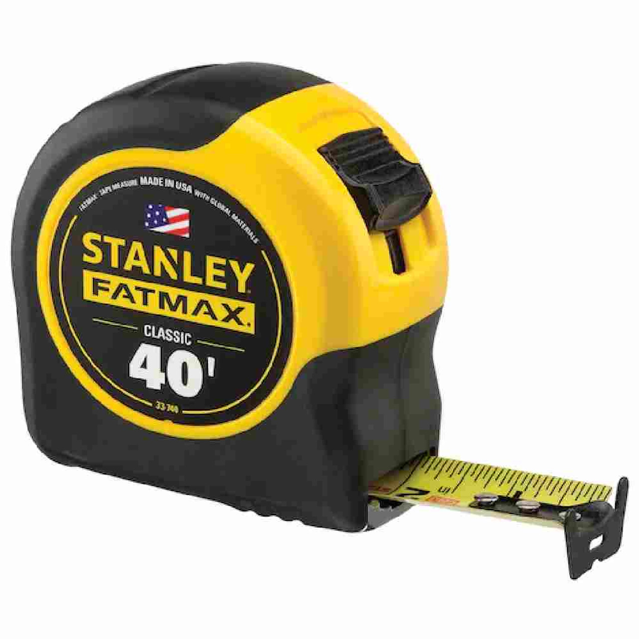 Stanley 33740L 1-1/4 inch x 40 feet FATMAX Classic SAE Tape Measure showing with first few inches pulled out showing the tape measure blade Stanley 33740L 1-1/4 inch x 40 feet FATMAX Classic SAE Tape Measure showing with first few inches pulled out showing the tape measure blade