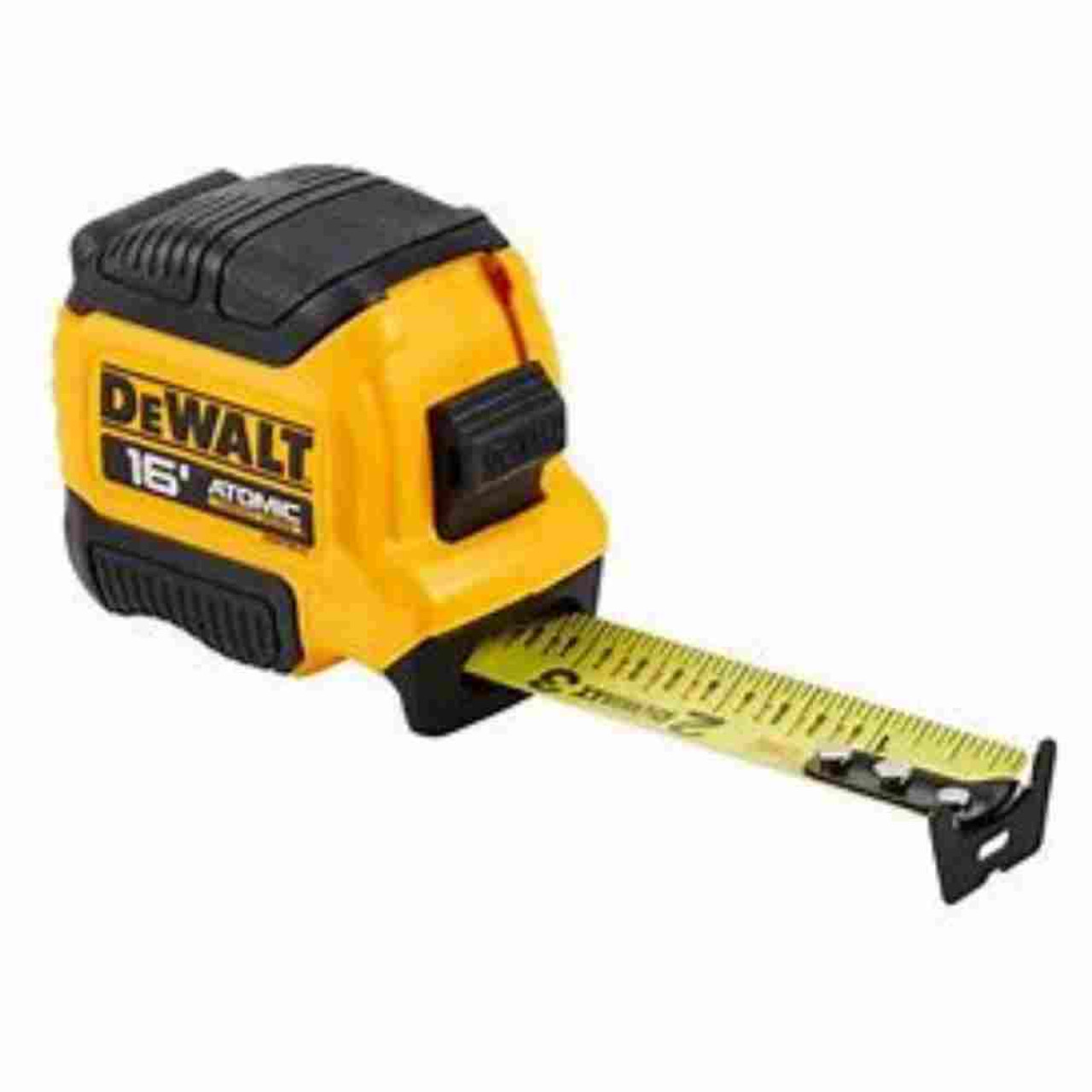 DeWalt DWHT38116S ATOMIC 16 feet Tape Measure showing with first few inches pulled out showing the tape measure blade