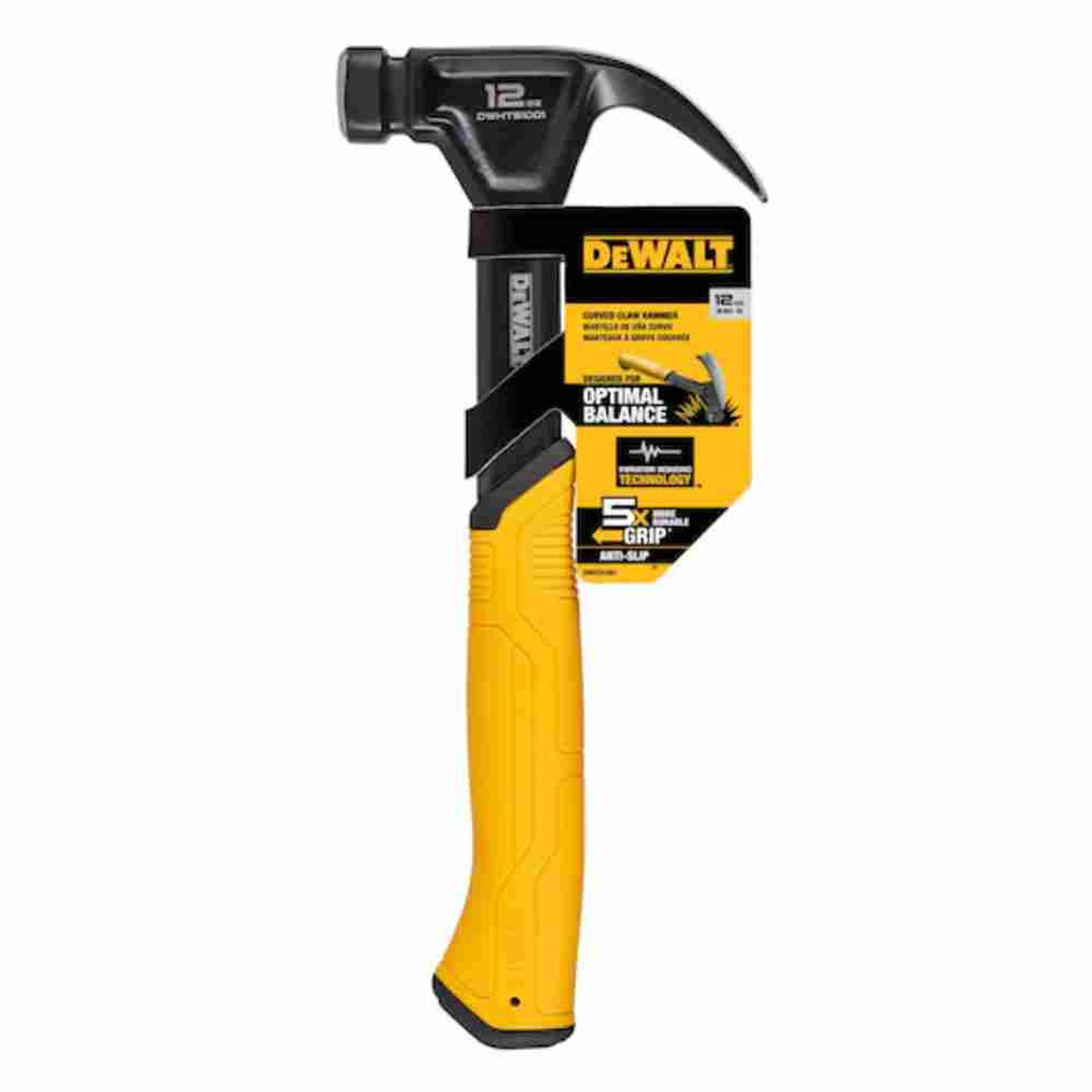 DeWalt DWHT51001 12oz One-Piece Steel Curved Claw Nailing Hammer showing with packaging attached DeWalt DWHT51001 12oz One-Piece Steel Curved Claw Nailing Hammer showing with packaging attached